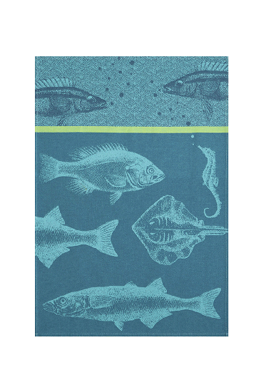 Torchon en jacquard de coton BANC DE POISSONS BLEU